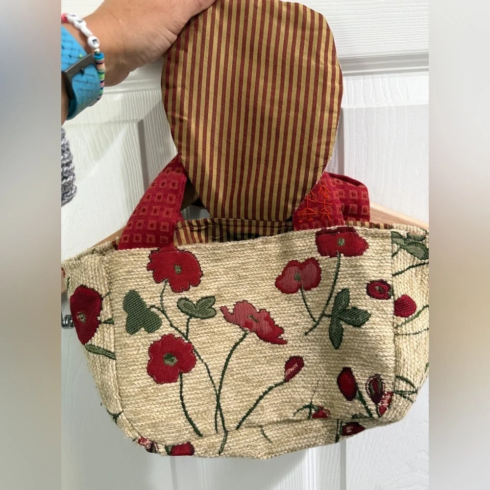Floral Red Cream Tapestry Handmade Small Women's Bag cottage prarie